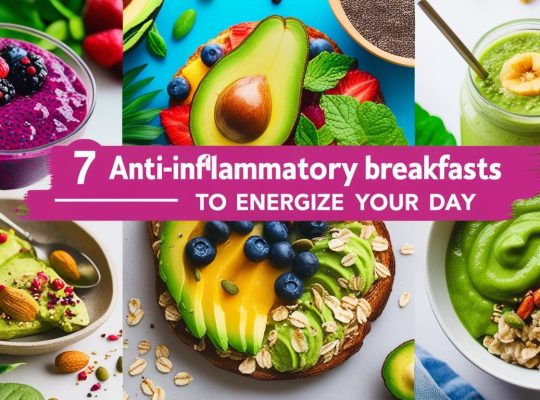 Delicious anti-inflammatory breakfasts including smoothie bowls, chia pudding, and avocado toast, perfect for a healthy start to your day.