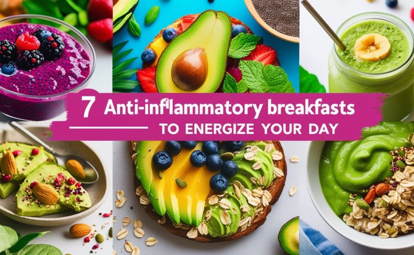 Delicious anti-inflammatory breakfasts including smoothie bowls, chia pudding, and avocado toast, perfect for a healthy start to your day.