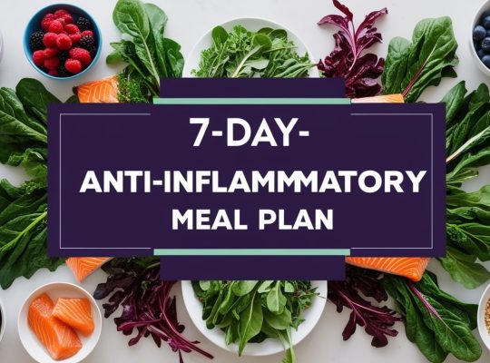 Colorful and healthy anti-inflammatory meal plan dishes featuring grilled salmon, avocado, leafy greens, mixed berries, quinoa, sweet potatoes, and chia pudding.