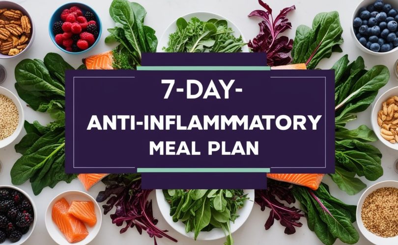 Colorful and healthy anti-inflammatory meal plan dishes featuring grilled salmon, avocado, leafy greens, mixed berries, quinoa, sweet potatoes, and chia pudding.