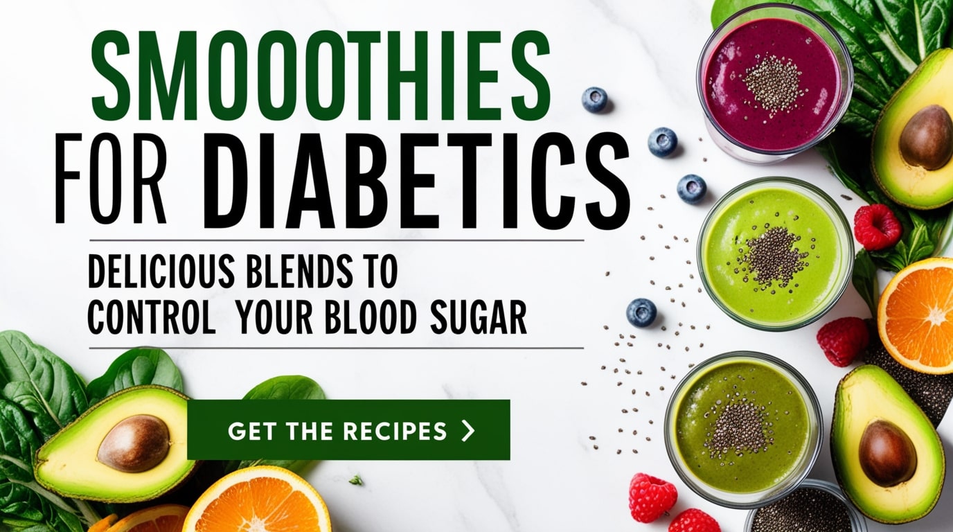 Colorful smoothies for diabetics with fresh ingredients like leafy greens, berries, and chia seeds for blood sugar control.