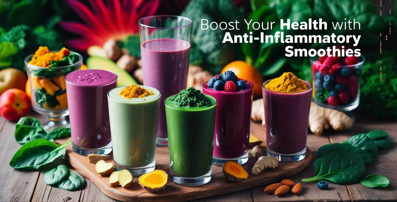 A variety of vibrant anti-inflammatory smoothies with fresh ingredients for a healthy gut.