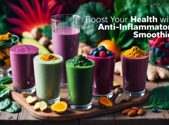 A variety of vibrant anti-inflammatory smoothies with fresh ingredients for a healthy gut.