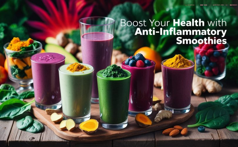 A variety of vibrant anti-inflammatory smoothies with fresh ingredients for a healthy gut.