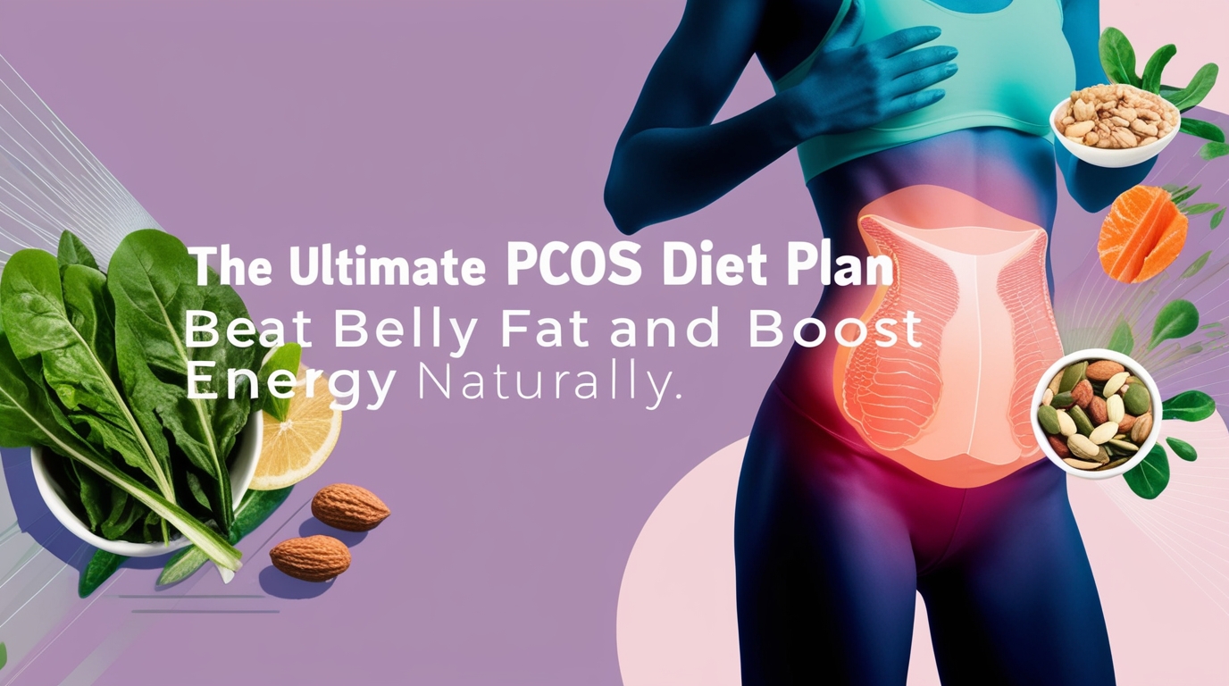 Healthy foods for PCOS diet including leafy greens, salmon, and nuts, representing belly fat reduction and natural wellness.