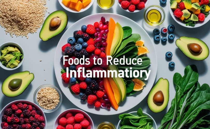 A colorful display of various anti-inflammatory foods arranged on a table to help reduce inflammation naturally.