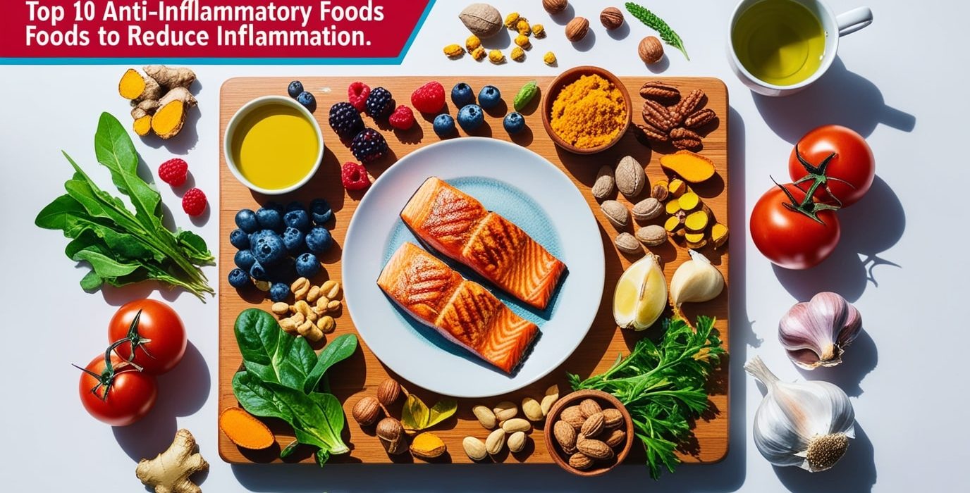 Top 10 anti-inflammatory foods including berries, garlic, and green tea on a table"