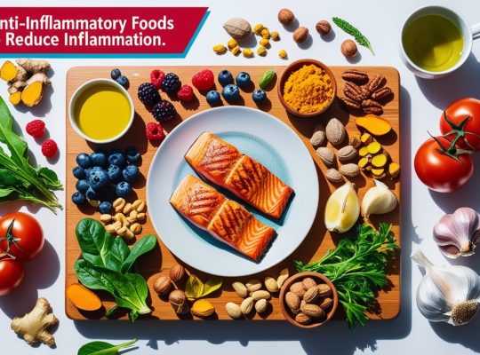 Top 10 anti-inflammatory foods including berries, garlic, and green tea on a table"