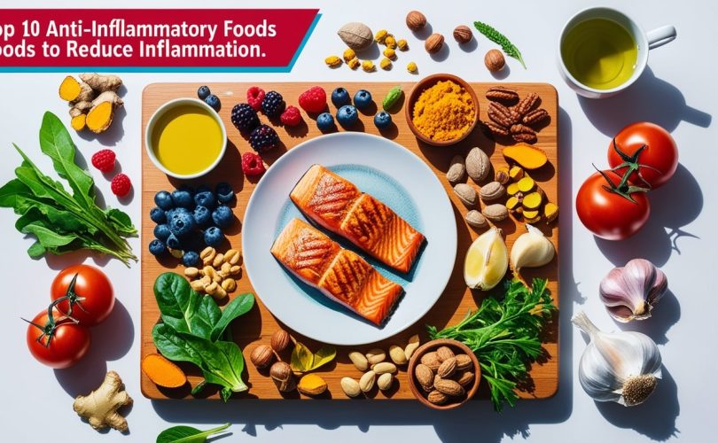 Top 10 anti-inflammatory foods including berries, garlic, and green tea on a table"